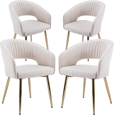 Guyou Cream Pu Leather Dining Chairs with Gold Legs, Modern Upholstered Dining Room Chairs Set of 4 with Hollow Back Side Accent Chairs Arm Chair for Living Room Kitchen BCream Faux Leather, 4 Pack