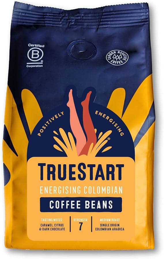 TrueStart Coffee Beans, Smooth Energising Colombian, 200g, 1 Pack | 100% Arabica, Medium Roast, Single Origin Whole Bean - Mycotoxin-Free & Antioxidant Rich, for Espresso, Filter Brewing