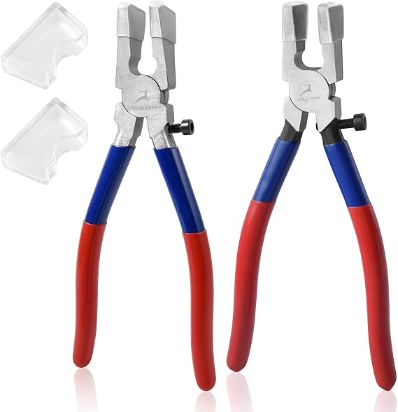 2 Pcs Glass Breaking Pliers and Glass Running Pliers with Wavy Rubber Tips Stained Glass Tools Mosaics Breaking Tool with Adjustable Screw for Key Fob Hardware Install and Stained Glass Work
