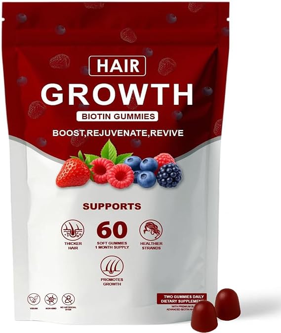 Hair Growth Gummies with Biotin, Vitamin C & E, Rosemary, Saw Palmetto Supports Healthy Hair Growth & Strength, Skin & Nail Care Mixed Berry Flavor, 60 Gummies (1)
