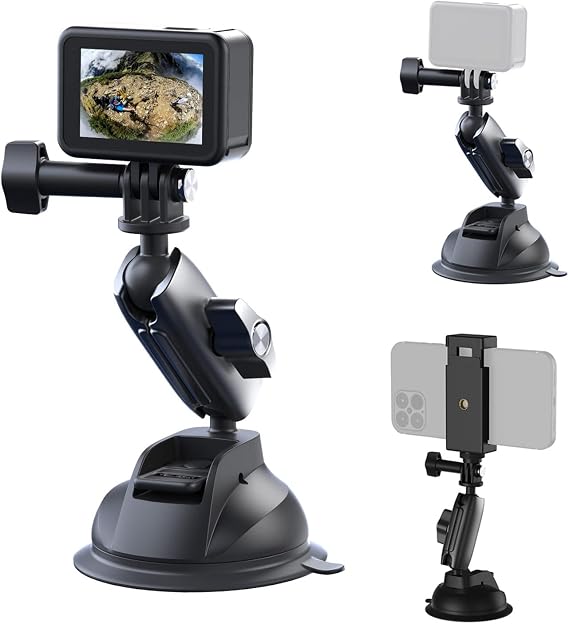 TELESIN Alüminyum Alaşımlı Araç Vantuz Montajı, Hero 13 12 11 10 9 8 DJI OSMO Action 5 Pro 4 3 Insta 360 X5 X4 Huawei iPhone Mobil Telefon Kameraları için, Telefon Tutacılı Araç Ön Cam Montajı