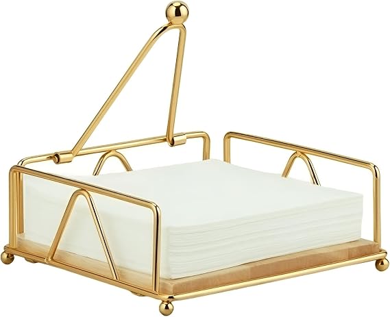 Gold Napkin Holder for Table with Weighted Arm, Square Metal Flat Napkin Holder for Kitchen Dinner Countertop Outdoor Table