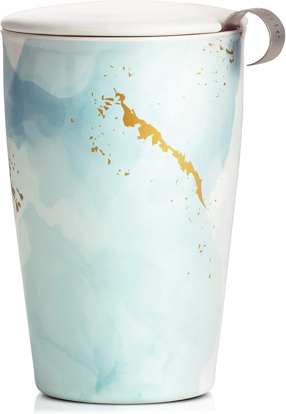 Tea Forte Double-Walled Ceramic Kati Cup, Removable Stainless Steel Infuser Basket and Lid, Steeps 12 oz Loose Leaf Tea, Dishwasher & Microwave Safe, Wellbeing Tea