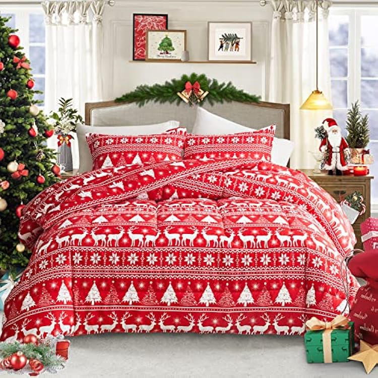 Flysheep Christmas Comforter Set 3 Pieces King Size 102x88 inches, Red White Snowflake and Deers Trees Reversible Design, Soft Microfiber Lightweight Bedding Sets for All Season