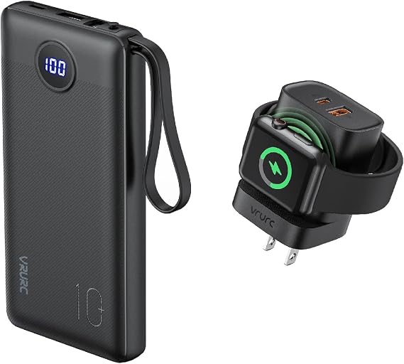 VRURC Portable Charger with Built in Cables, Slim Power Bank 10000mAh