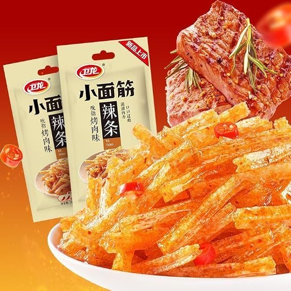 Weilong Spicy Strips Small Gluten,Barbecue Flavor,Spicy Snack Gift Pack,Instant Noodles,Vegan,Fast Food,Delicious Chinese Snack Gift (Barbecue flavor,4bags)