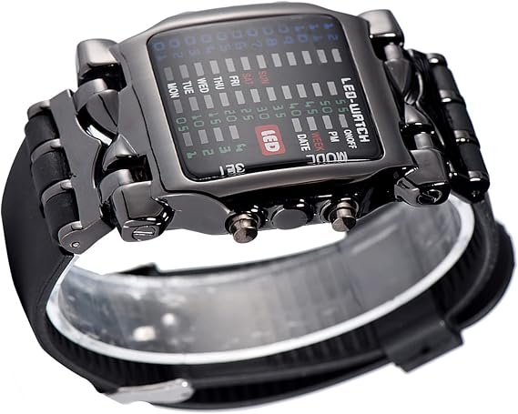 LED Binary Display Watch Adjusted PU Strap Date Function Wristwatch for Stylish Men Women