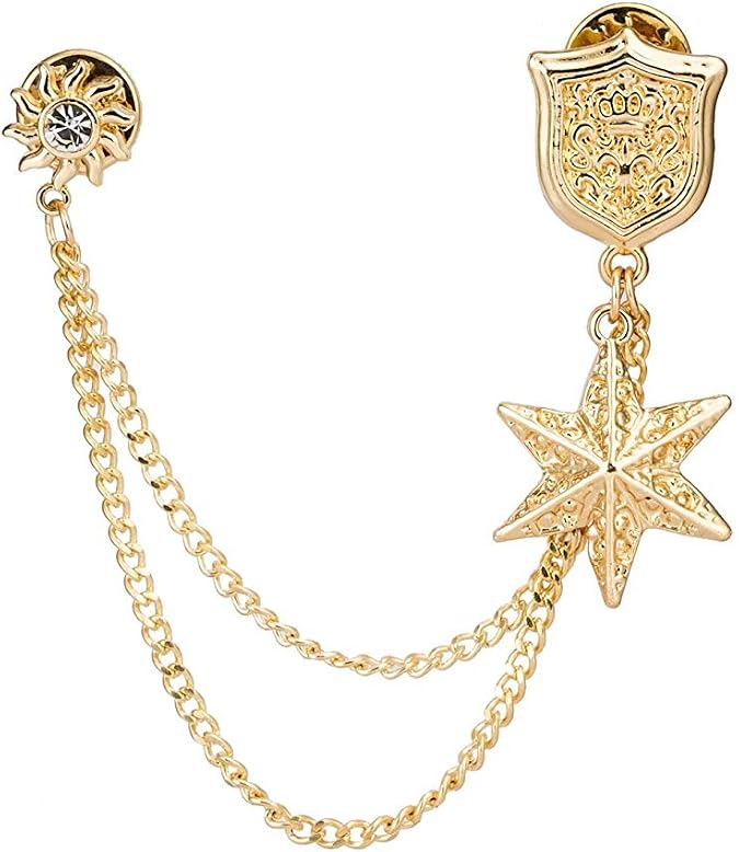 Knighthood Engraved Golden Shield with Hanging Star Lapel Pin Badge Coat Suit Wedding Gift Party Shirt Collar Accessories Brooch for Men