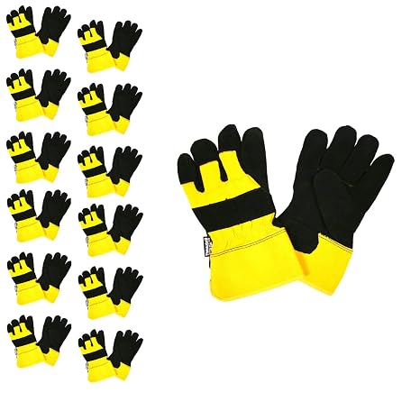 Black Split Leather Palm Gloves, Yellow Canvas Back, Rubberized Safety Cuff, Thinsulate Lined