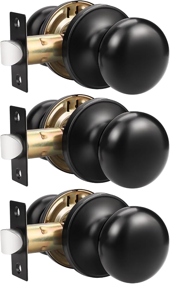 GOBEKOR 3 Pack Keyless Passage Door Knobs Matte Black Interior Door Knob with Lock Round Passage Knob for Hallway Stainless Steel Door Knob