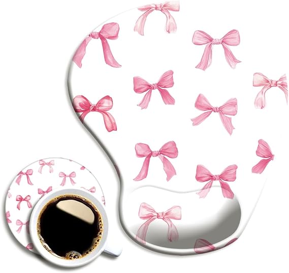 Ergonomic Mouse Pad with Wrist Support,Cute Mouse Pad with Wrist Rest and Coaster Set,Office Supplies Non-Slip Mouse Pads for Desk, Non-Slip Comfortable,Pink Bow