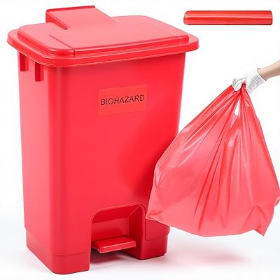 Geiserailie 1 Set 5.3 Gallon Biohazard Trash Can with Foot-Operated Self-Closing Lid, Biohazard Labels & Bags for Lab Industrial Infectious Waste Disposal, Step to Open, Step Again to Close