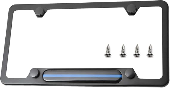 Stainless Steel License Plate Frame Black 4 Holes for Cars, Trucks Show Support of Police and Law Enforcement Officers (Thin Blue Line)