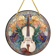 Violin&Flower Round Stained Glass Window Hangings,Acrylic Suncatcher Wall Art,8x8inch Hanging Ornament for Music Enthusiasts,Ideal for Windows,Walls & Porches to Elevate Room Ambiance