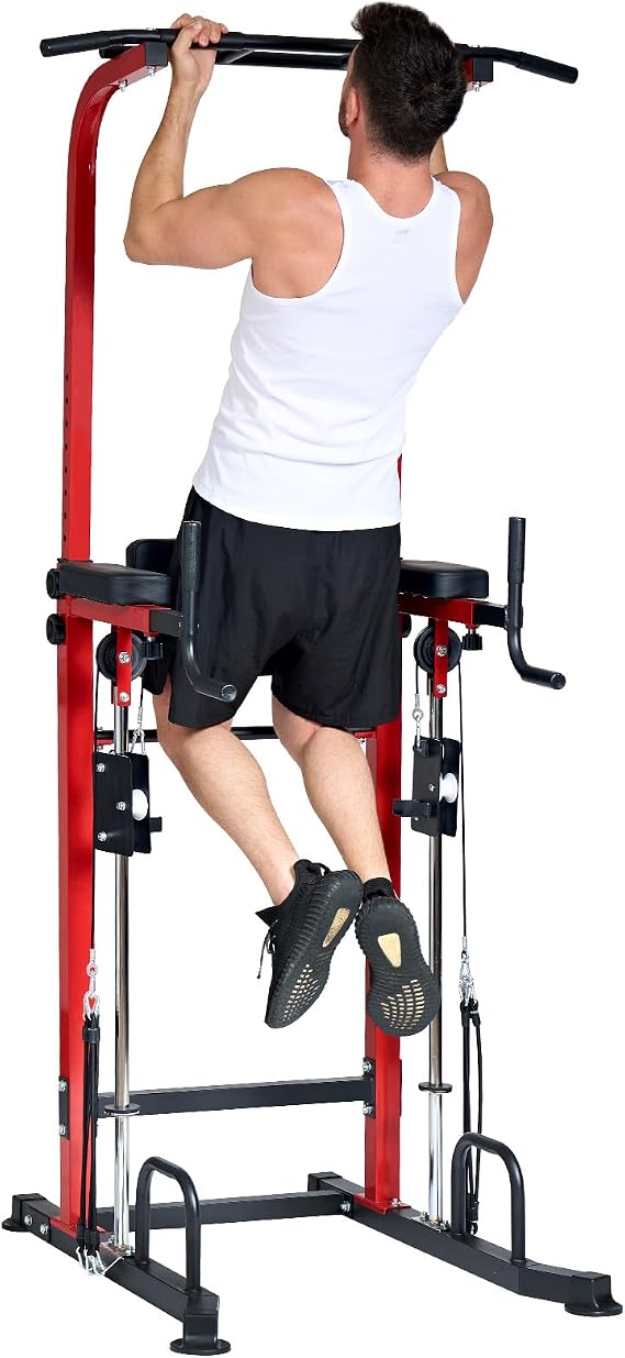 Power Tower pull up dip station,Multi Function Adjustable Height Pull Up Bar of Assisted Pad,Strength Training Exercise Equipment with Elastic Rope for Home Gym Workout,330 Lbs