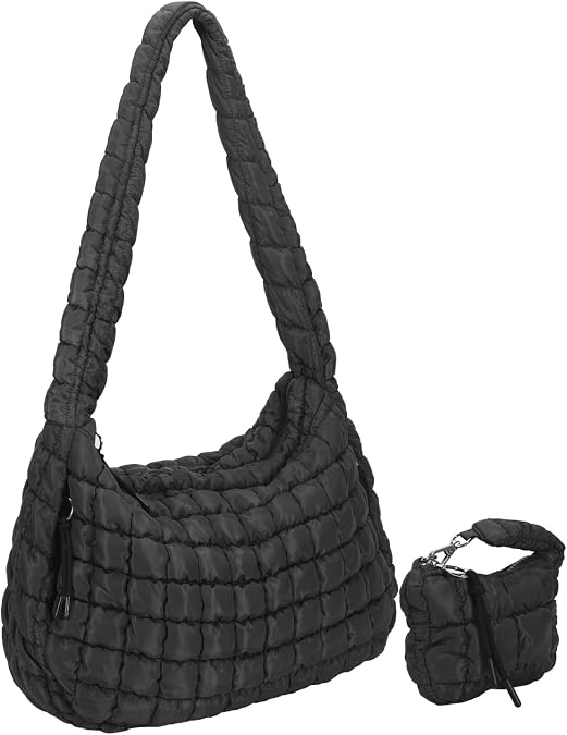 Large Quilted Puffer Tote Bag for Women Mini Pouch 2 Set Puffy Carryall