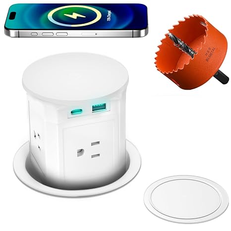 Pop Up Countertop Outlet with 15W Wireless Charger,Pop up Outlet,Max 20W USB Power Delivery,Free 3.94"(100mm) Hole Opener,Pop Up Electrical Outlet with 4 Outlets 15A, 2 USB Ports for Home Office.