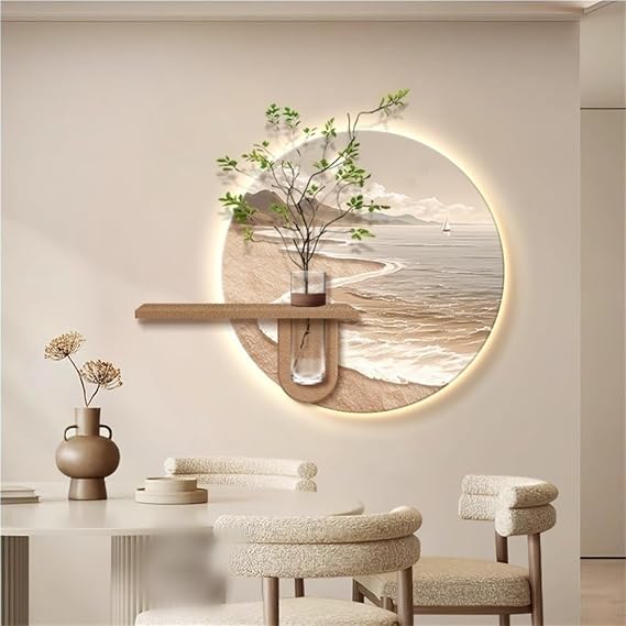 Sandstone Wall Warm Lamp Painting, Hanging Planter Wall Decor with Glass Vase, Landscape Decoration Traditional Wall Hanging Painting for Living Room, Restaurant, Office(Beige,19.6 X 17.3IN)