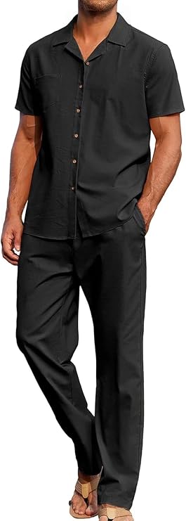 Men's 2 Piece Outfits Casual Beach Short Sleeve Button Down Shirts Loose Pant Sets Summer Vacation Walking Outfits