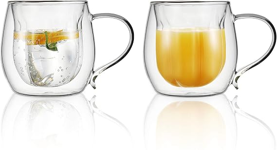 vevouk 230ml Double Walled Flower Shape Insulated Glass Coffee Cups Set of 2, Heat Resistant Borosilicate Glasses Mugs with Handle for Tea, Latte, Cappuccino, Cold/Hot Drinks