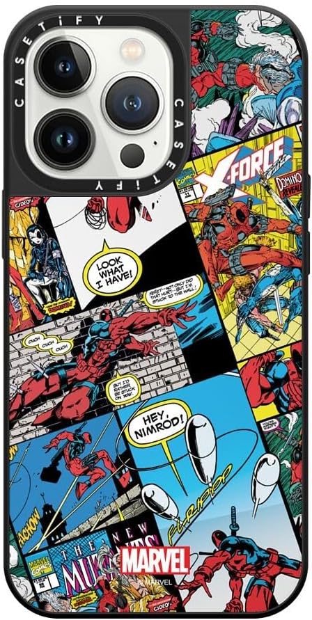 CASETiFY Mirror iPhone 13 Pro Case [Deadpool & Wolverine Co-Lab / 4.9ft Drop Protection/Magsafe] - Comic Collage case - Silver on Black