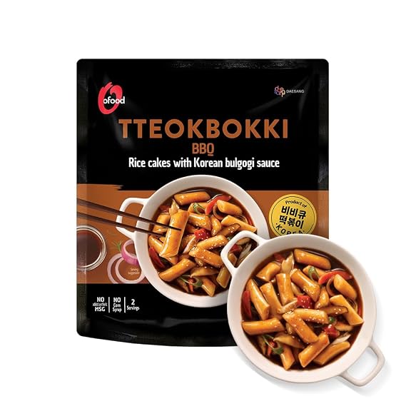 OFood Tteokbokki Korean Rice Cakes [BBQ | Pack of 1] Healthy/Savory/Bold/Fiery, 0 Cholesterol/ 0 Trans Fat/No MSG/No Corn Syrup, Spicy Street Snack, Ready in Minutes