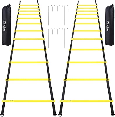 Ohuhu Agility Ladder Speed Training Set 2 Pack 20ft 12 Rung Exercise Ladders with Ground Stakes for Soccer Football Boxing Footwork Sports Fitness Training with Carry Bag Yellow or Blue