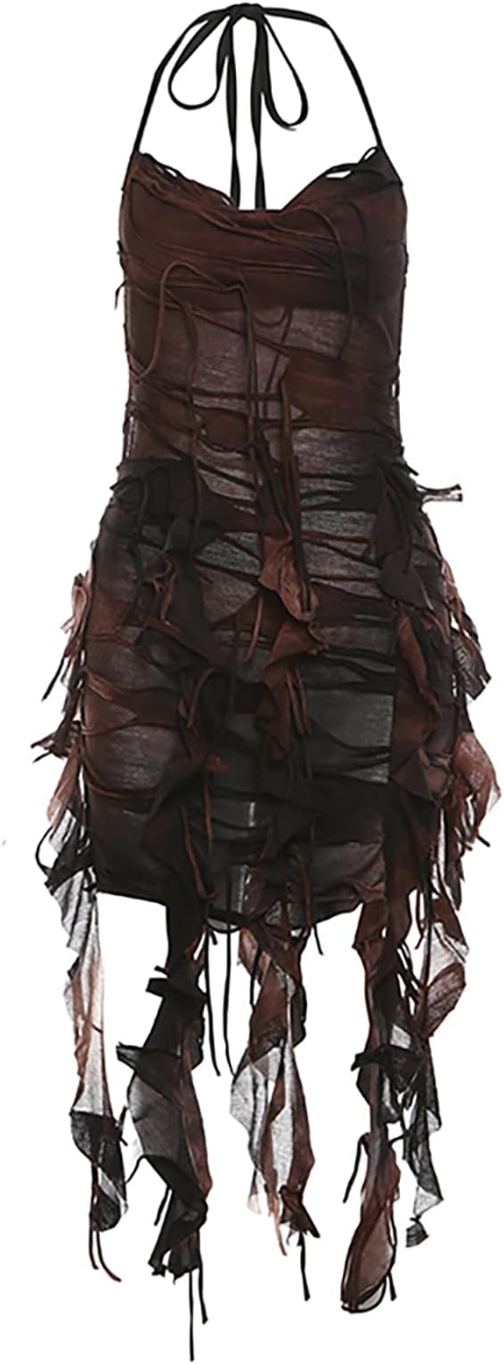 Sleeveless Dress for Women Y2k Wasteland Rogue Medieval Tie Back Dress V Neck A-Line Mini Dresses Streetwear Fashion