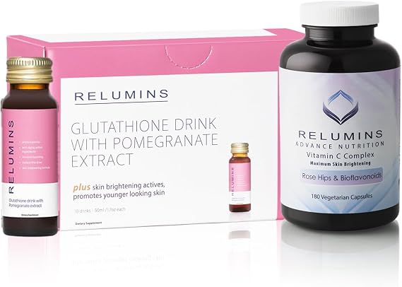 Relumins Glutathione Drink & Vitamin C Bundle Brightening & Firming Pomegranate Gluta Shots (50mL x 10 Bottles) + Advanced Vitamin C with Rose HIPS & Bioflavonoids (180 Veg Caps)