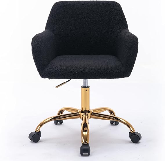 Faux Fur Desk Chair for Women Girl Teen, Adjustable Swivel Cute Black Desk Chair Home Office Desk Chair with Rolling Wheels, Modern Furry Vanity Chair for Makeup Room Bedroom Living Room
