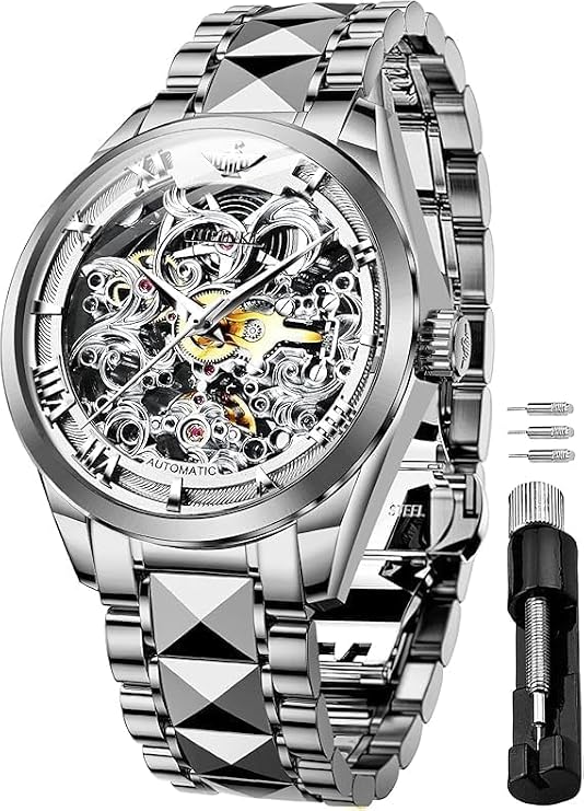 OLEVS Men Skeleton Watch Automatic Mechanical Self Winding Sapphire Crystal Luxury Dress Tungsten Steel Waterproof Two Tone Strap