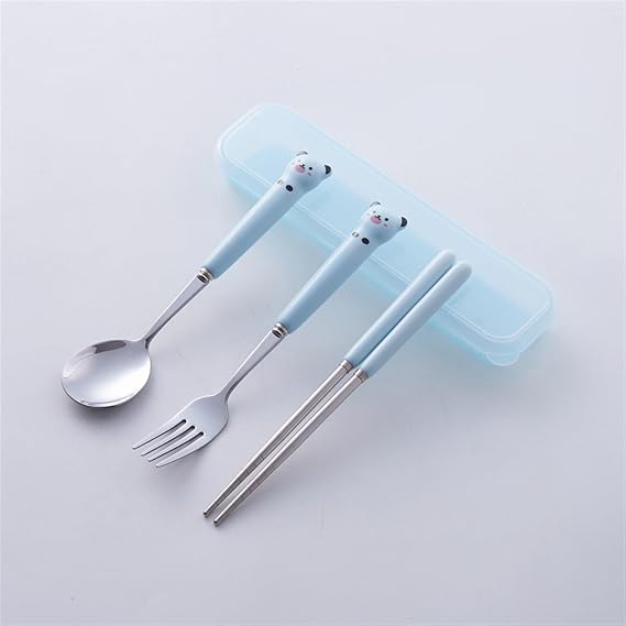 Cute Silverware Set, Cartoon Bear Ceramic Handle Dinnerware Set Flatware Kitchen Accessories Camping Travel Sets Fork Spoon Chopstick Portable Cutlery Sets with Case Blue Green Pink Red White