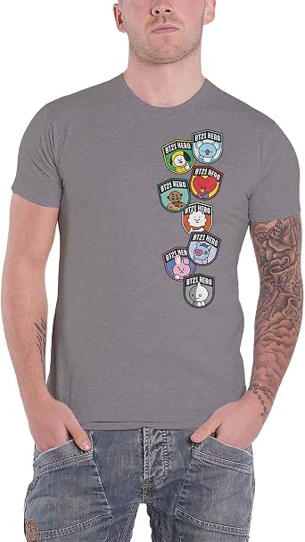 BT21 BTS Kpop Unisex Cotton Crew Neck Short Sleeves Tee Shirt (Badges Gray, Large)