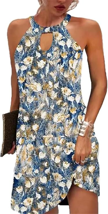 Kubsid Halter Dresses for Women 2026 Casual Floral Print Summer Dresses Hollow Out A-line Sundresses for Beach Vacation