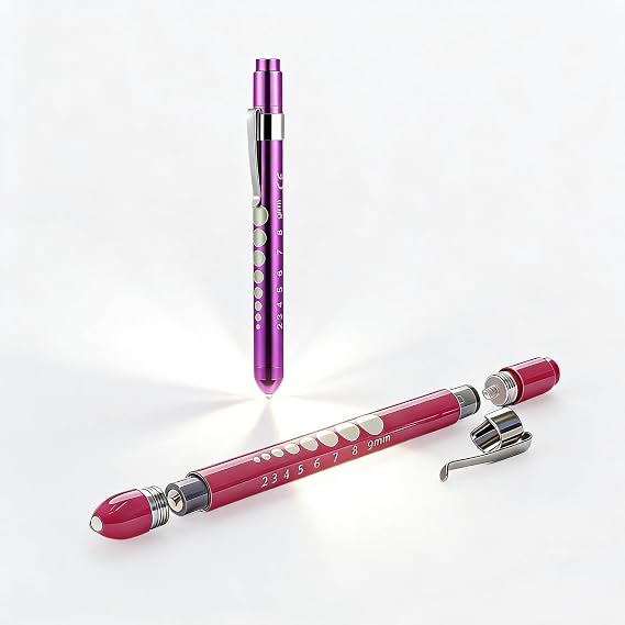 2 Pcs Pen Torch, Diagnostic Medical Penlight with Pocket Clip, Reusable Penlight Diagnostic LED Light Mini EMT Emergency Pen Torch, Pupil Gauge Flashlight, Pen Light for Nurse Doctor (Purple+Pink) [Energy Class A]
