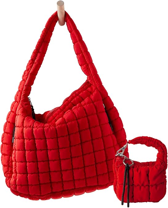 Large Quilted Puffer Tote Bag for Women Mini Pouch 2 Set Puffy Carryall