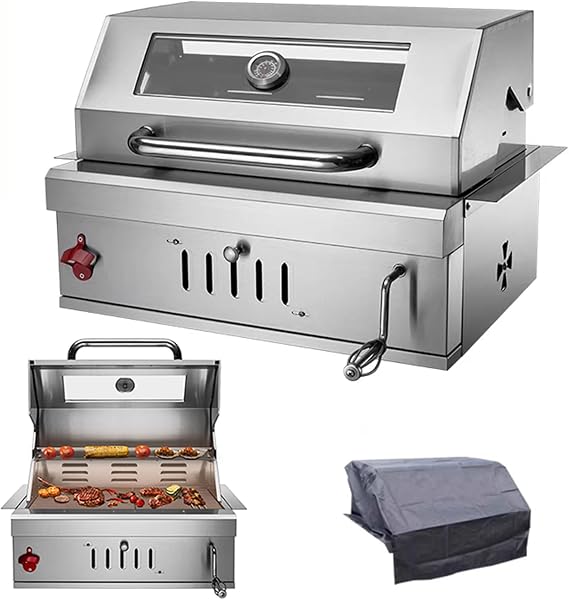Built-In Stainless Steel Charcoal Grill for Outdoor Kitchen,28 Inch Large Charcoal BBQ Grills with Liftable Tray,Insulated Hood,Temperature Gauge & Cover for Camping,Patio,ParkGlass Square Lid