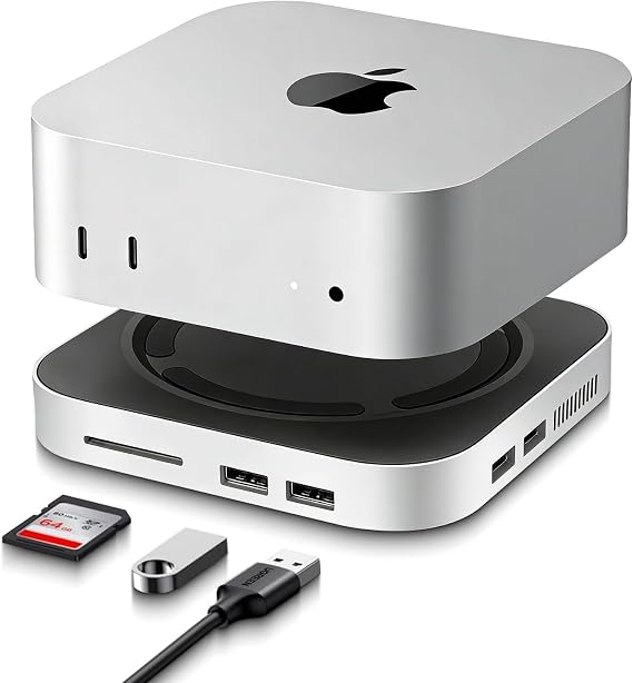 Mac Mini M4/M4 Pro Docking Station - 7-Port USB-C Hub with M.2 NVMe SSD Slot, 10Gbps USB-A & USB-C, SD/TF Card Reader, Non-Slip Design & Power Button