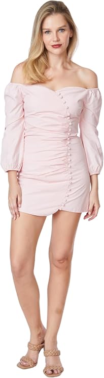 Paradigm Women's Pink Marshmallow Long Sleeve Sweetheart Mini Dress (XS-2X), Off-Shoulder, Ruched, Bell Sleeves
