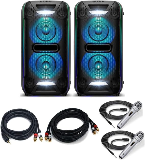 Sony GTK-XB72 Extra Bass High Power Home Audio System (Pair) Party Chain Bundle with 2 Mics, Premium 3.5mm to 2RCA Cable, Premium 2 RCA Plug/2 RCA Plug M/M Cable