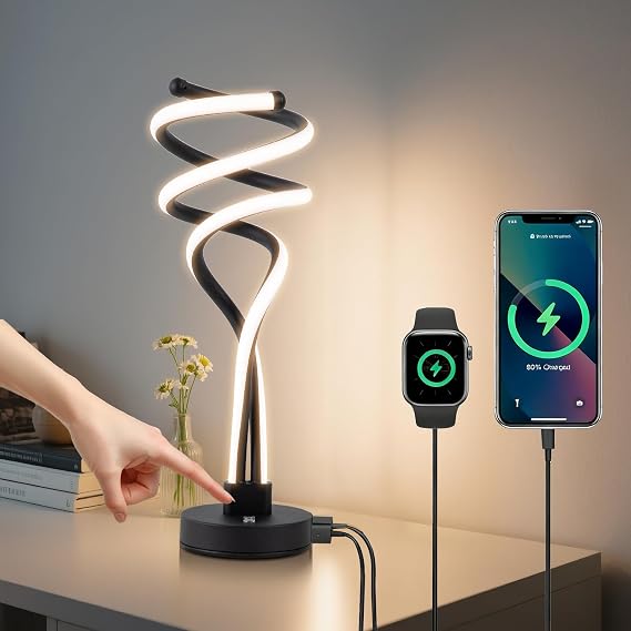 ElDISUNY Modern LED Table Lamp, 3 Color Temperatures,Touch Control Curve Dimmable Bedside Table Lamps with USB Ports, Touch Control LED Nightstand Lamp, Desk Lamp for Living Room, Bedroom -Black