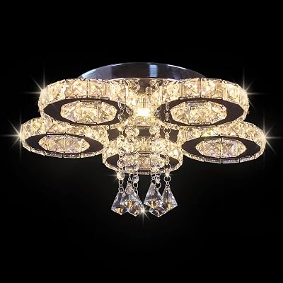 Modern Big Crystal Ceiling Light LED Chandelier Five Ring Pendant Light for Dinning Room Bedroom KitchenWarm White