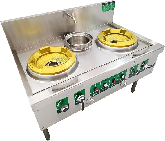 INTBUYING Commercial 2 Burner Gas Stove 12.2'' Chinese Natural Gas Cooking Range LPG Cooking Stove Stainless Steel High Fierce Fire Stove for Restaurant With Baffle and Water Basin 110V