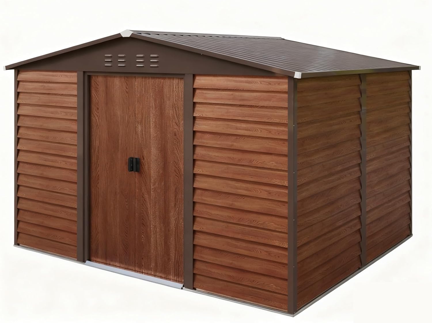 BIRCHTREE 10X8ft Galvanized Metal Garden Shed With Foundation Outdoor Storage Box Tool House Bike Shed Waterproof Apex Roof Lockable Sliding Doors for Backyard, Patio, Garbage Bin, Log