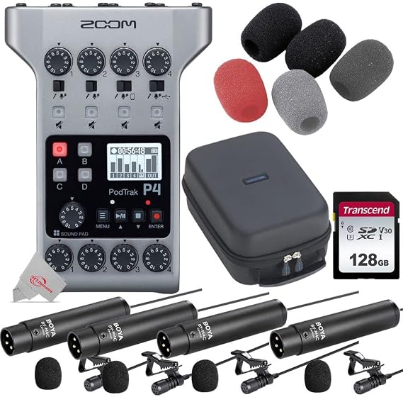 Zoom PodTrak P4 Portable Multitrack Podcast Recorder + Four BY-M4C Cardioid Lavalier Microphone + Accessory Kit