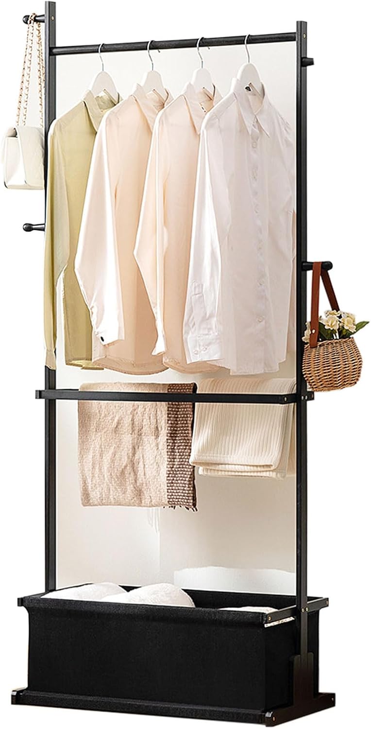 Bamboo Standing Coat Rack, Clothes Rack for Hanging Clothes, Closet Organizer with Pants Rack & Hooks, Multi-tiered Wardrobe Storage Shelves, for Living Room, Bedroom, Home Office Black 50cm