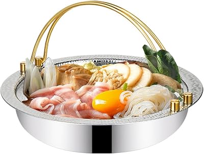 Japanese Style Sukiyaki Pot 304 Stainless Steel Sukiyaki Tetsu Nabe Pot Double Handle Shabu Shabu Hot Pot Hand Hammer Cooking Pan,22cm