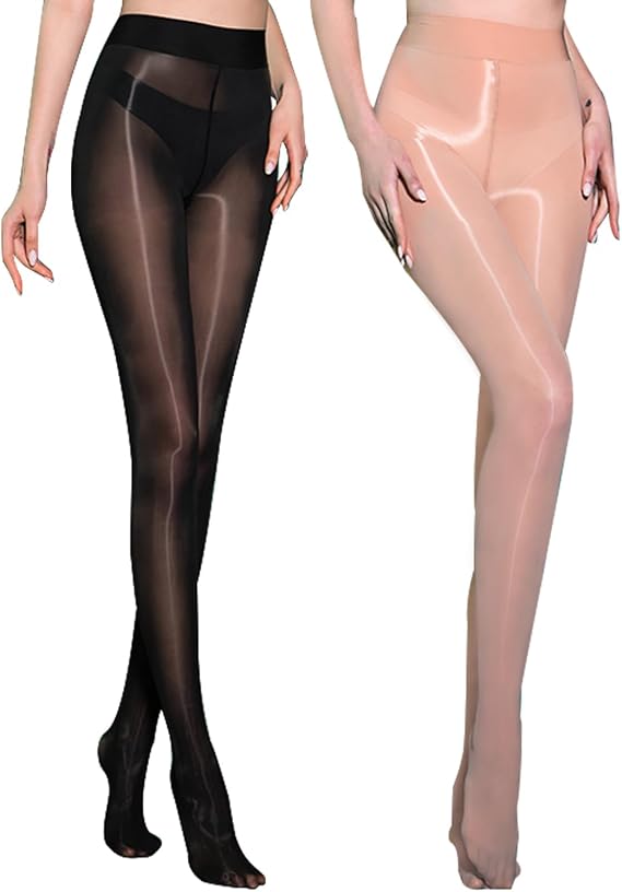 Shiny Oil Pantyhose Footed - 2 Pack Ultra Shiny Sheer Tights High Waist, Shimmery Stocking for Women