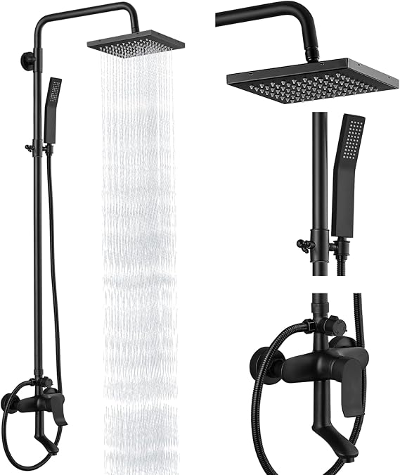 Heyalan 8-Inch Exposed Shower System with Handheld, Tub Spout, Matte Black
