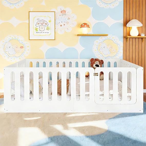 Bellemave Montessori Queen Floor Bed with Playful Door & 23.6" H Guardrails, Solid Wood Montessori Floor Bed Frame, Low Profile & Rounded Corner Safe Design, No Slats, No Box Sring Needed, White